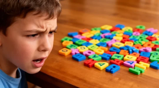 Enfant de 8 ans concentré manipulant des tuiles de lettres colorées dans un environnement chaleureux et lumineux