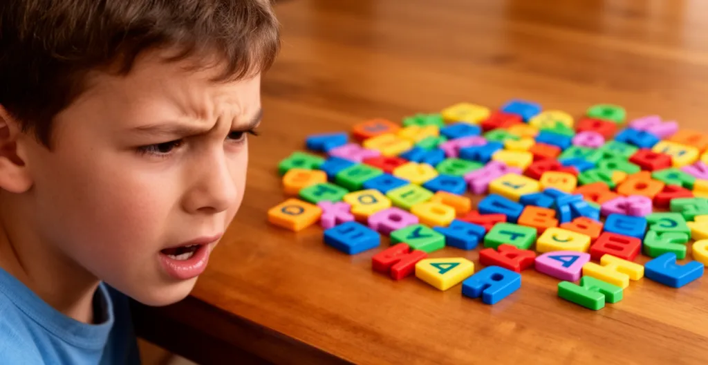 Enfant de 8 ans concentré manipulant des tuiles de lettres colorées dans un environnement chaleureux et lumineux