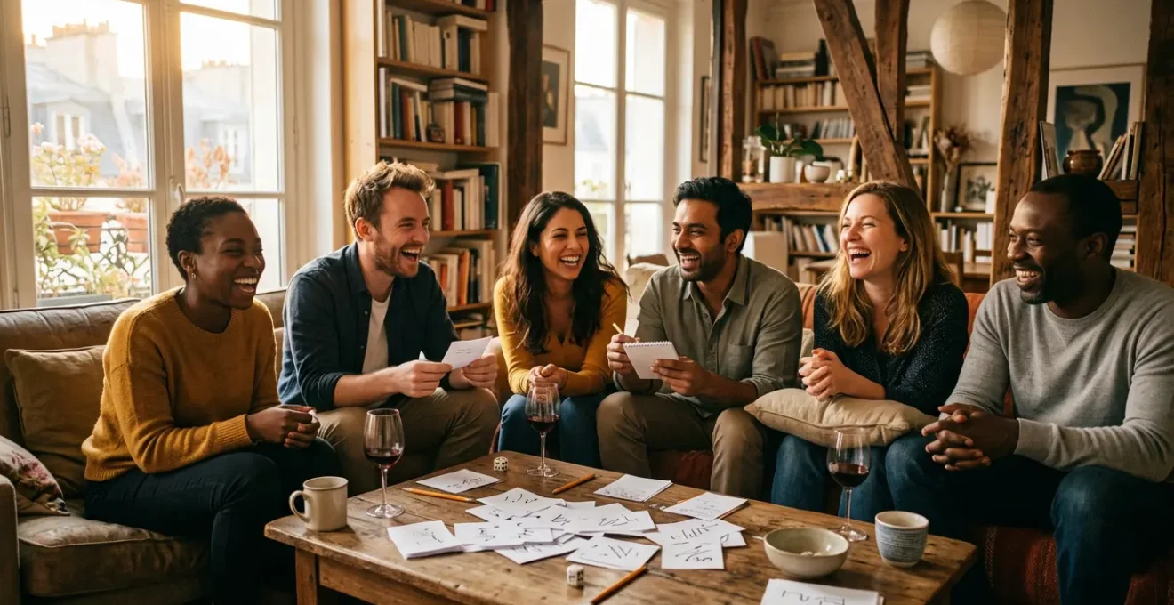 Groupe d'amis jouant à des jeux littéraires dans un salon chaleureux
