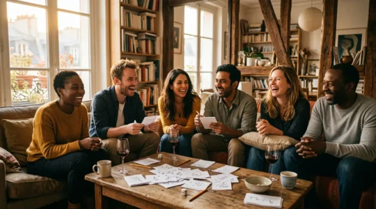 Groupe d'amis jouant à des jeux littéraires dans un salon chaleureux