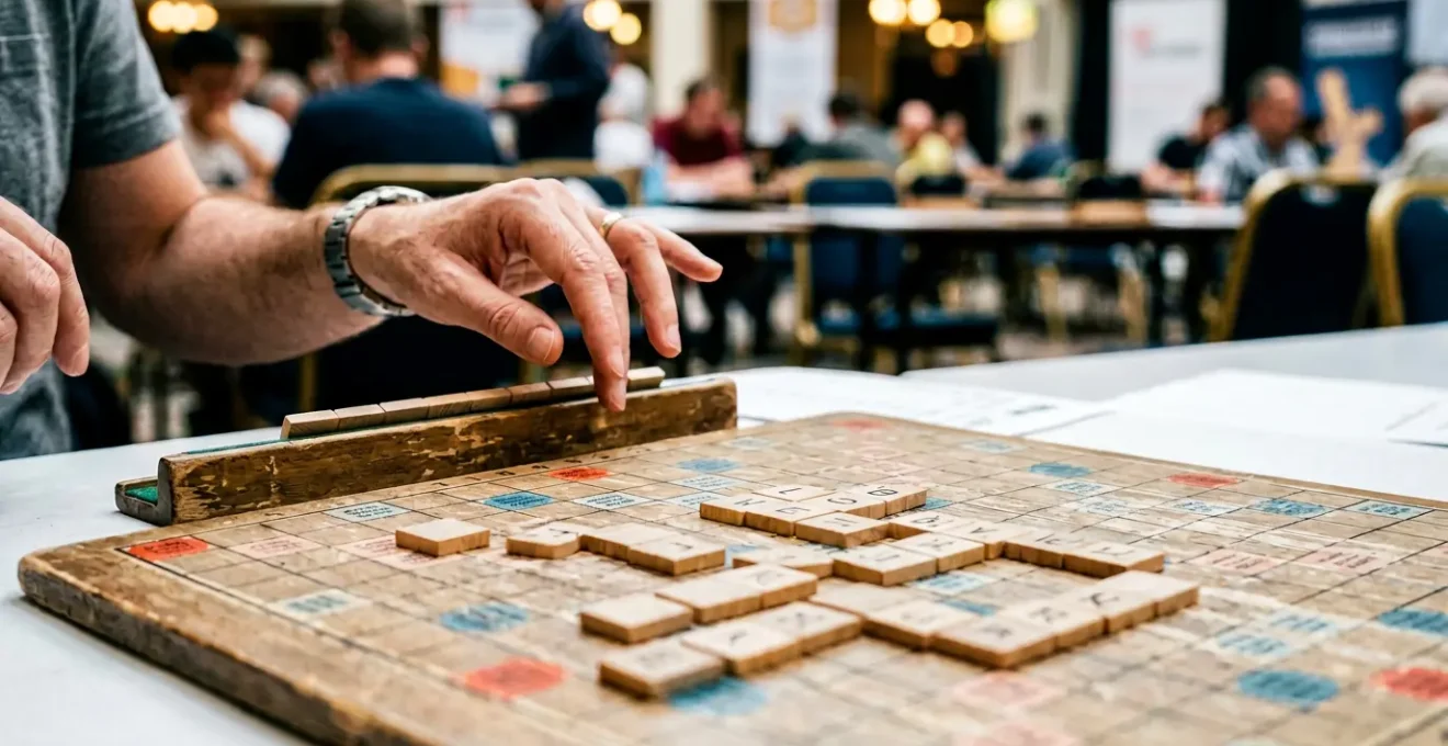 Plateau de Scrabble avec lettres stratégiquement positionnées et main de joueur réfléchissant