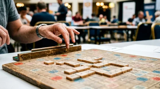 Plateau de Scrabble avec lettres stratégiquement positionnées et main de joueur réfléchissant