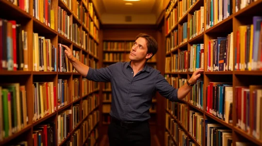 Personne contemplative dans une bibliothèque chaleureuse face à des étagères de livres variés