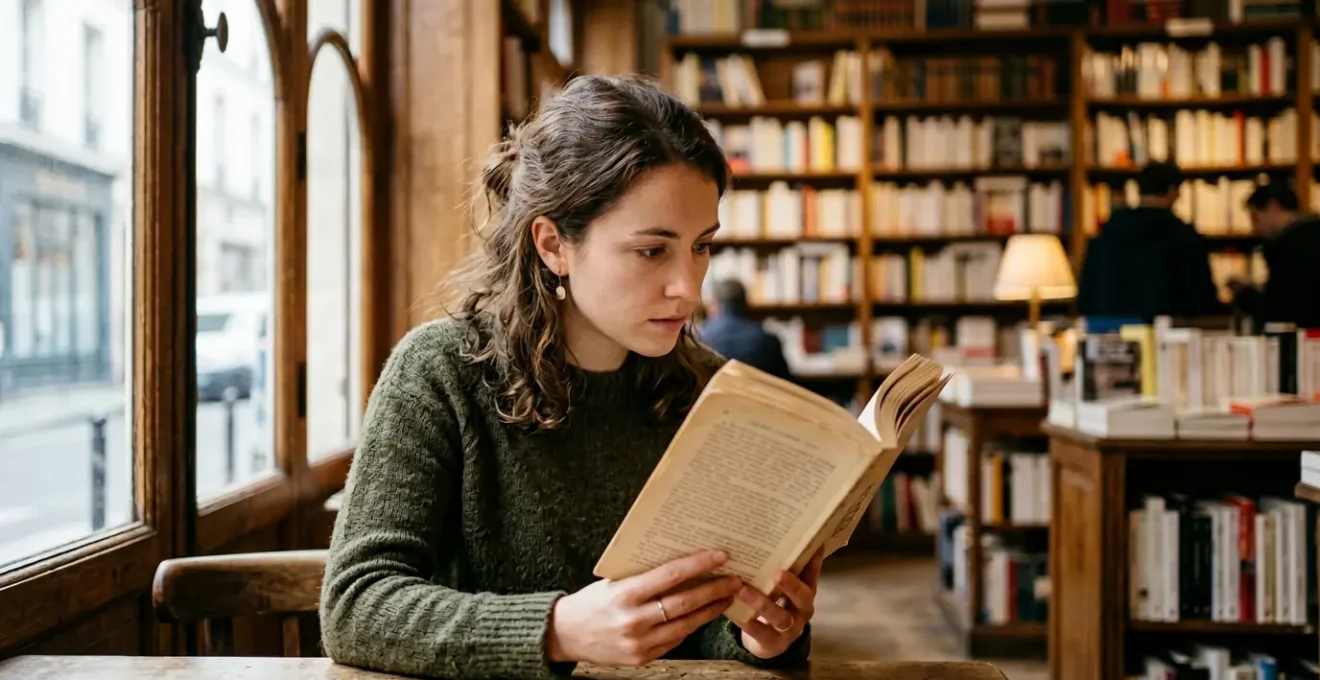 Personne en librairie lisant attentivement la première page d'un livre avec une expression concentrée