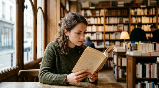 Personne en librairie lisant attentivement la première page d'un livre avec une expression concentrée