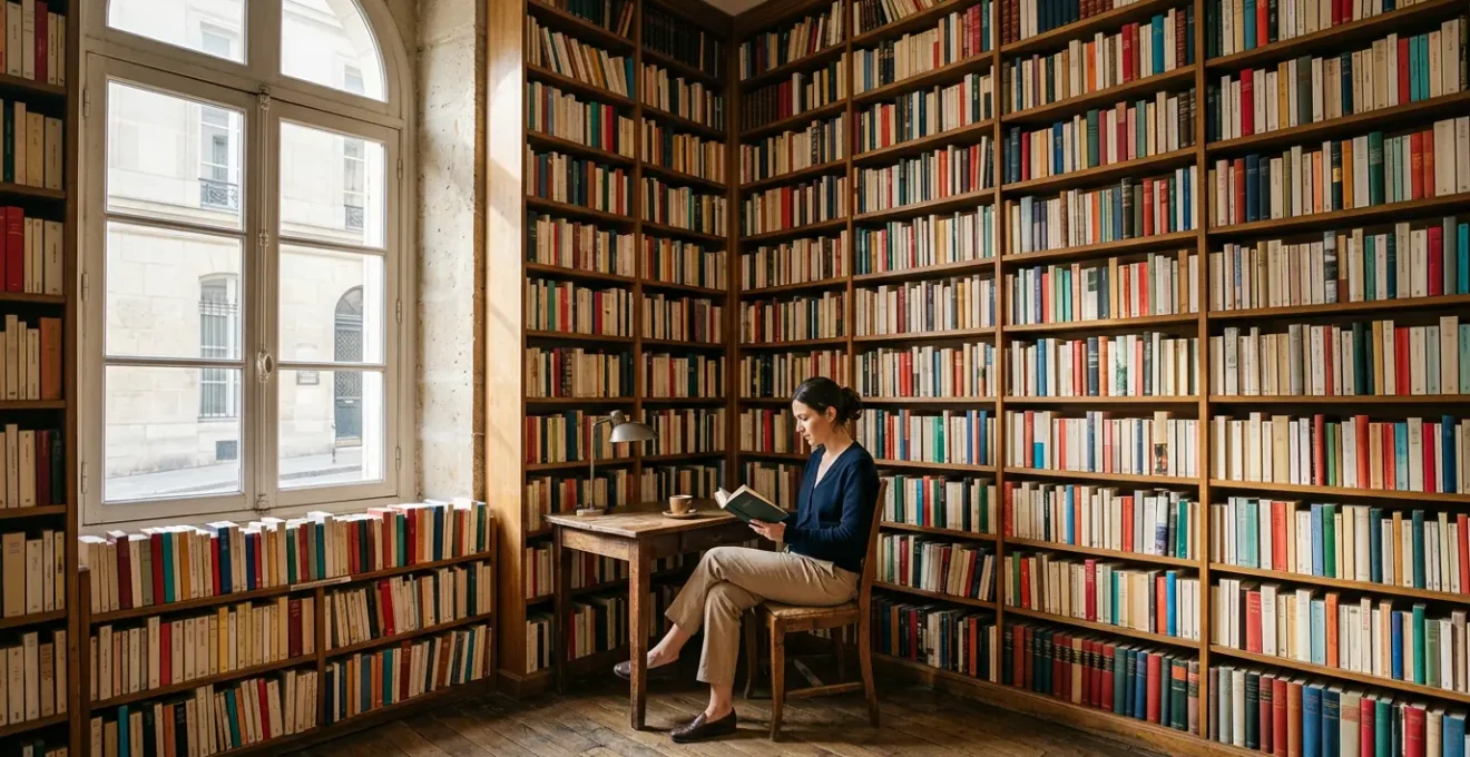Un lecteur entouré de centaines de livres empilés dans une librairie française lumineuse