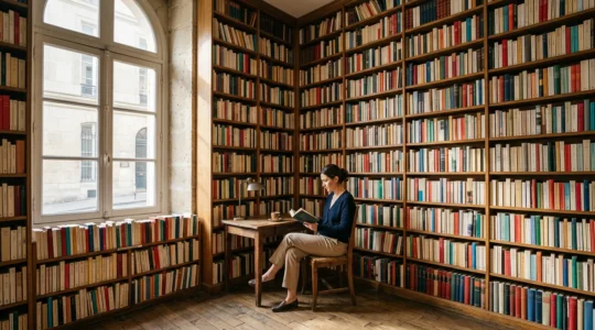 Un lecteur entouré de centaines de livres empilés dans une librairie française lumineuse