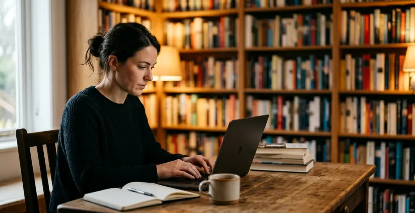 Lectrice concentrée rédigeant un avis de lecture sur son ordinateur dans un environnement chaleureux entouré de livres