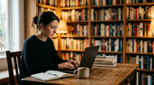 Lectrice concentrée rédigeant un avis de lecture sur son ordinateur dans un environnement chaleureux entouré de livres