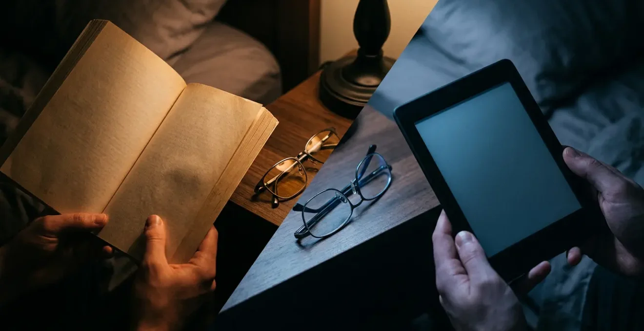 Comparaison visuelle entre lecture sur livre papier et liseuse dans un environnement nocturne avec mise en évidence de l'impact sur les yeux