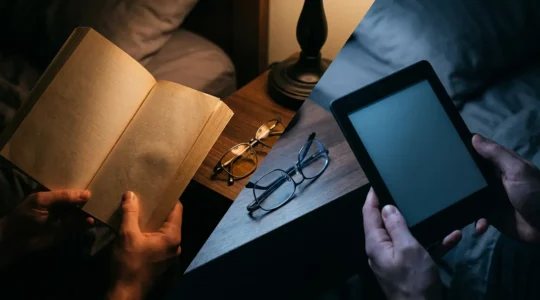 Comparaison visuelle entre lecture sur livre papier et liseuse dans un environnement nocturne avec mise en évidence de l'impact sur les yeux