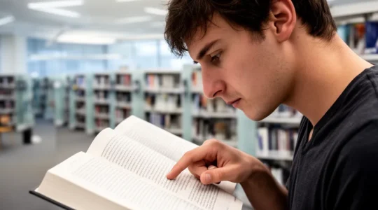Personne concentrée utilisant un guide visuel pour parcourir rapidement les pages d'un livre dans une bibliothèque moderne baignée de lumière naturelle