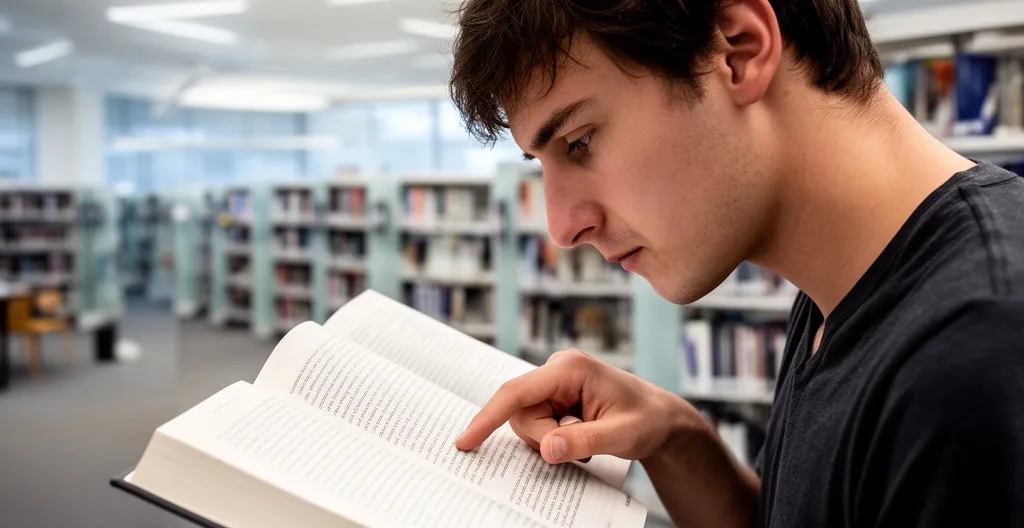 Personne concentrée utilisant un guide visuel pour parcourir rapidement les pages d'un livre dans une bibliothèque moderne baignée de lumière naturelle