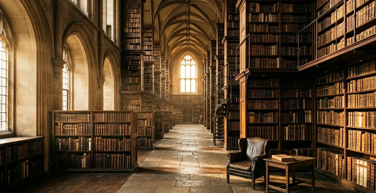 Une bibliothèque ancienne avec des livres centenaires illuminés par une lumière dorée, symbole de la pérennité littéraire