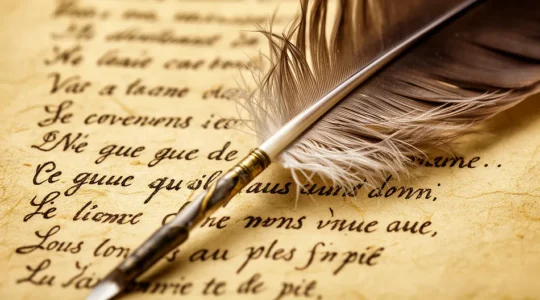Manuscrit de poésie française avec annotations métriques et plume d'oie