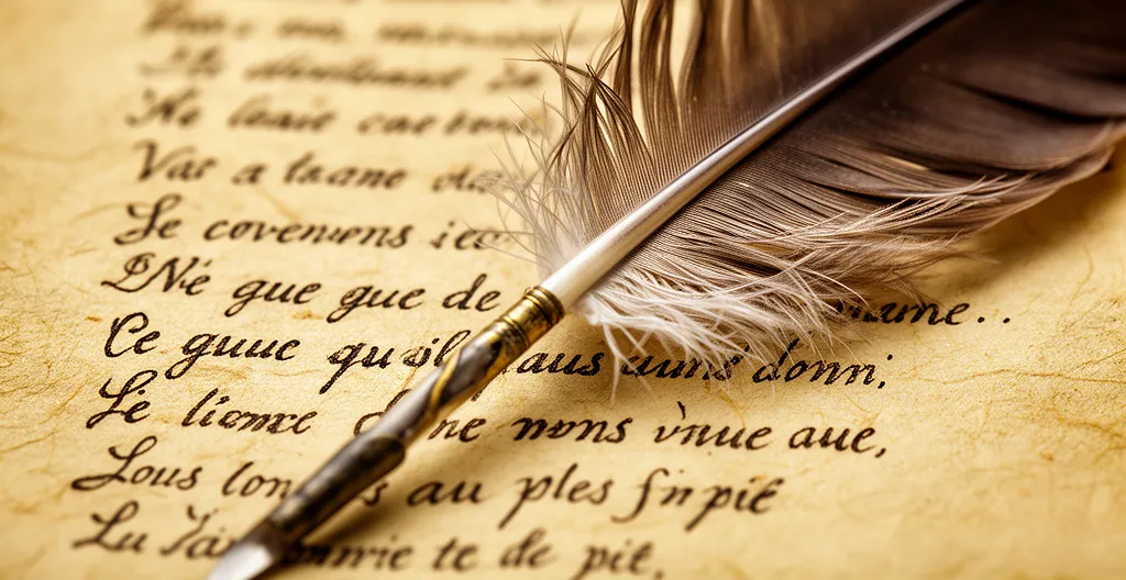 Manuscrit de poésie française avec annotations métriques et plume d'oie