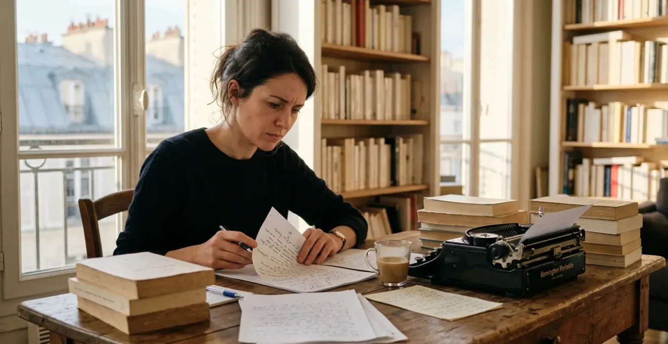 Écrivain français travaillant sur son manuscrit dans un bureau lumineux avec des piles de livres