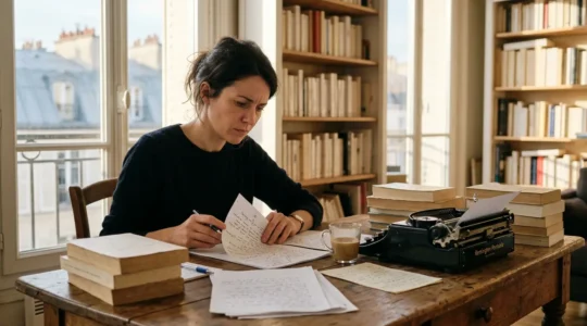 Écrivain français travaillant sur son manuscrit dans un bureau lumineux avec des piles de livres