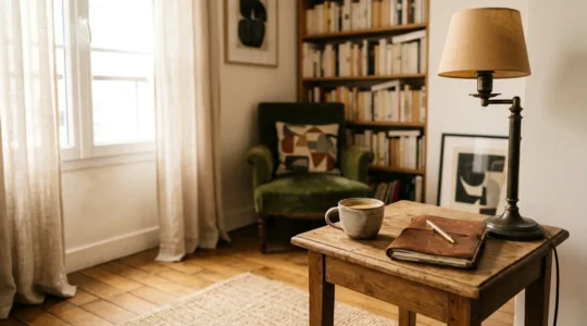 Composition artistique montrant trois objets ordinaires d'un salon français baignés dans une lumière dorée poétique