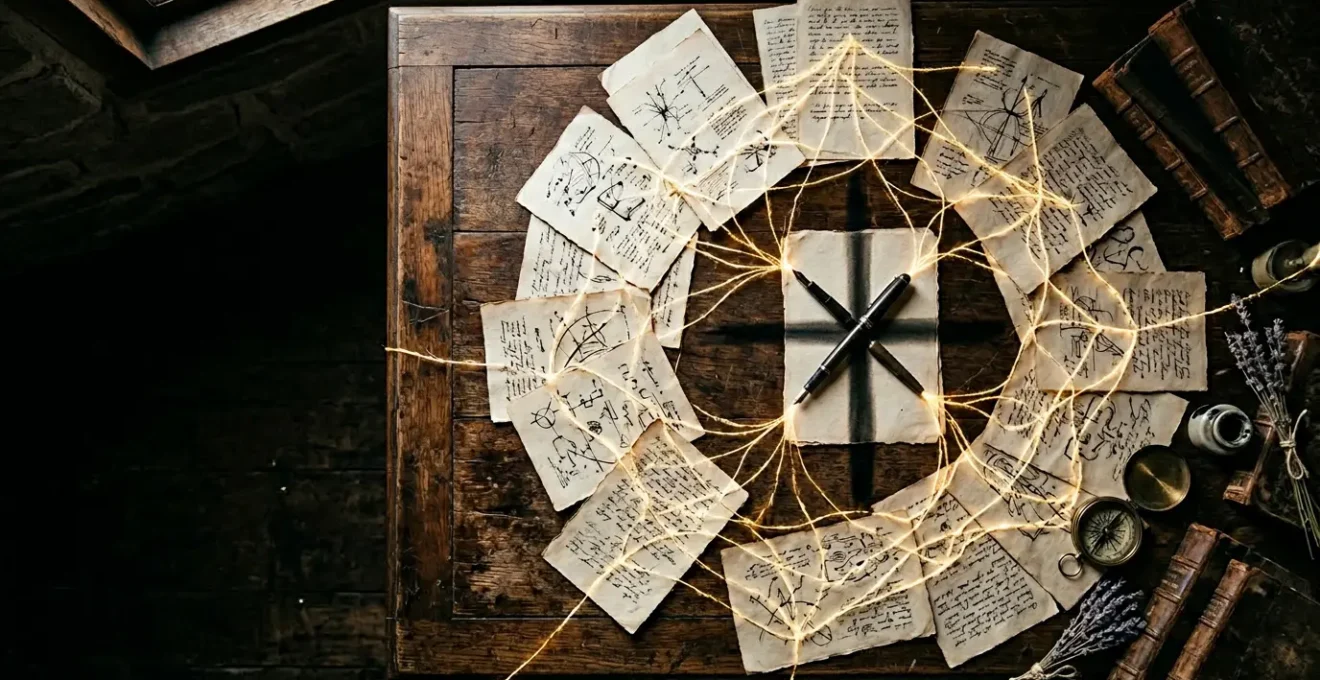 Écrivain créant une intrigue narrative complexe avec des éléments symboliques du schéma actanciel