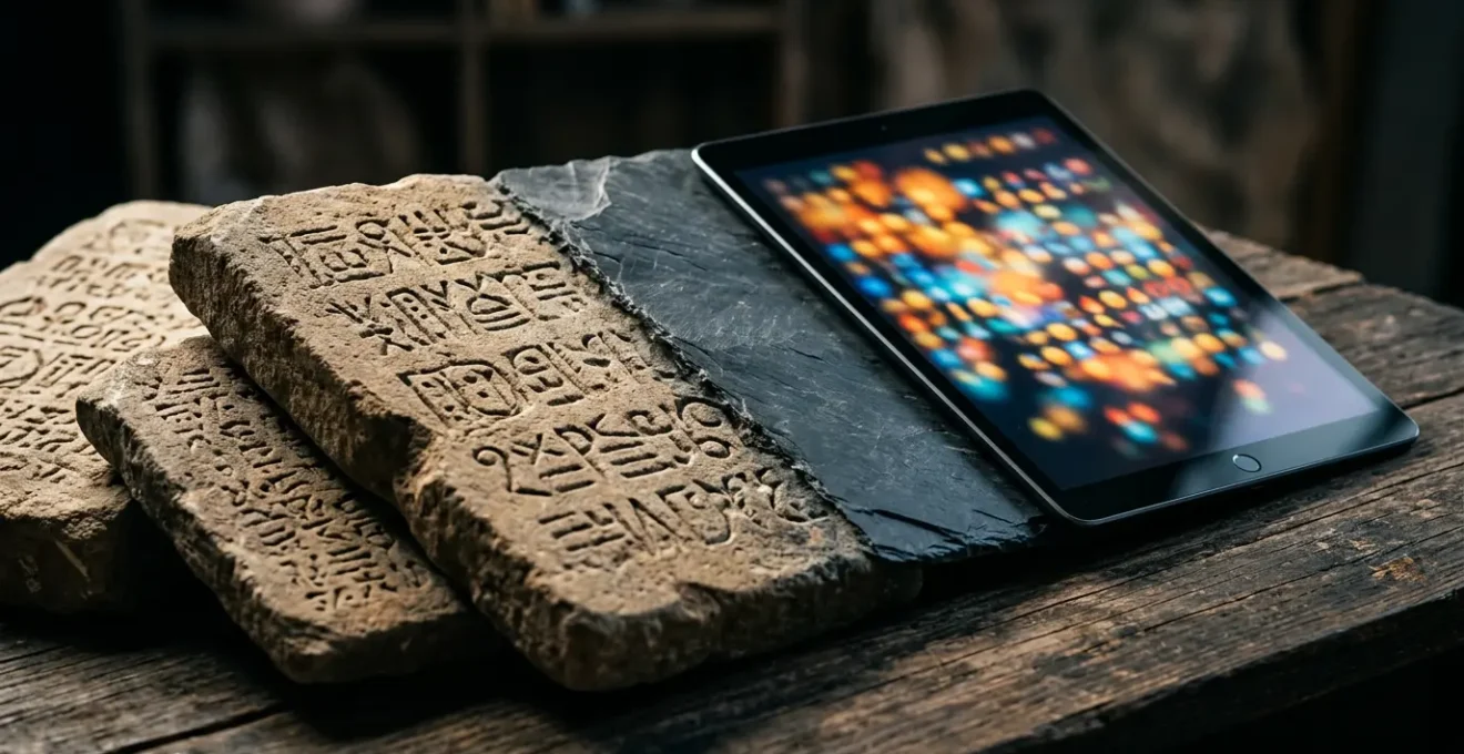 Représentation visuelle de l'évolution de la communication humaine depuis les pictogrammes anciens jusqu'aux émojis modernes