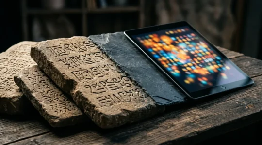 Représentation visuelle de l'évolution de la communication humaine depuis les pictogrammes anciens jusqu'aux émojis modernes