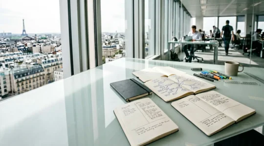 Bureau moderne avec carnets, mind map et documents organisés reflétant la structuration de la pensée par l'écrit