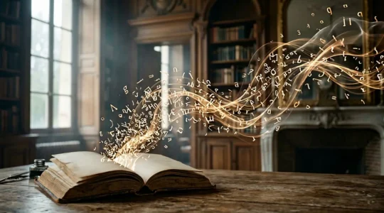 Composition abstraite représentant des ondes sonores matérialisées dans l'espace avec des lettres et syllabes flottantes