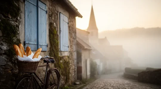 Village français pittoresque en lumière dorée avec brume matinale et maison de pierre mystérieuse