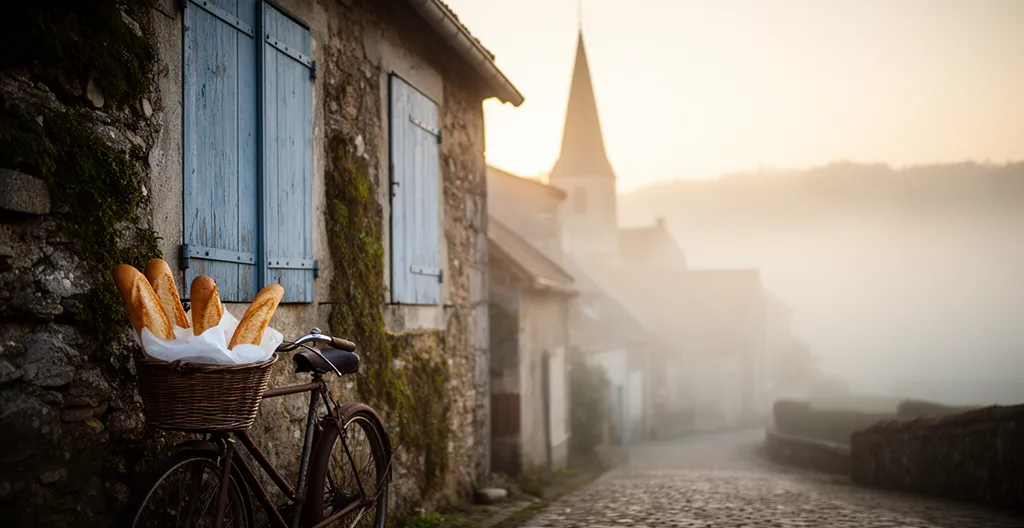 Village français pittoresque en lumière dorée avec brume matinale et maison de pierre mystérieuse