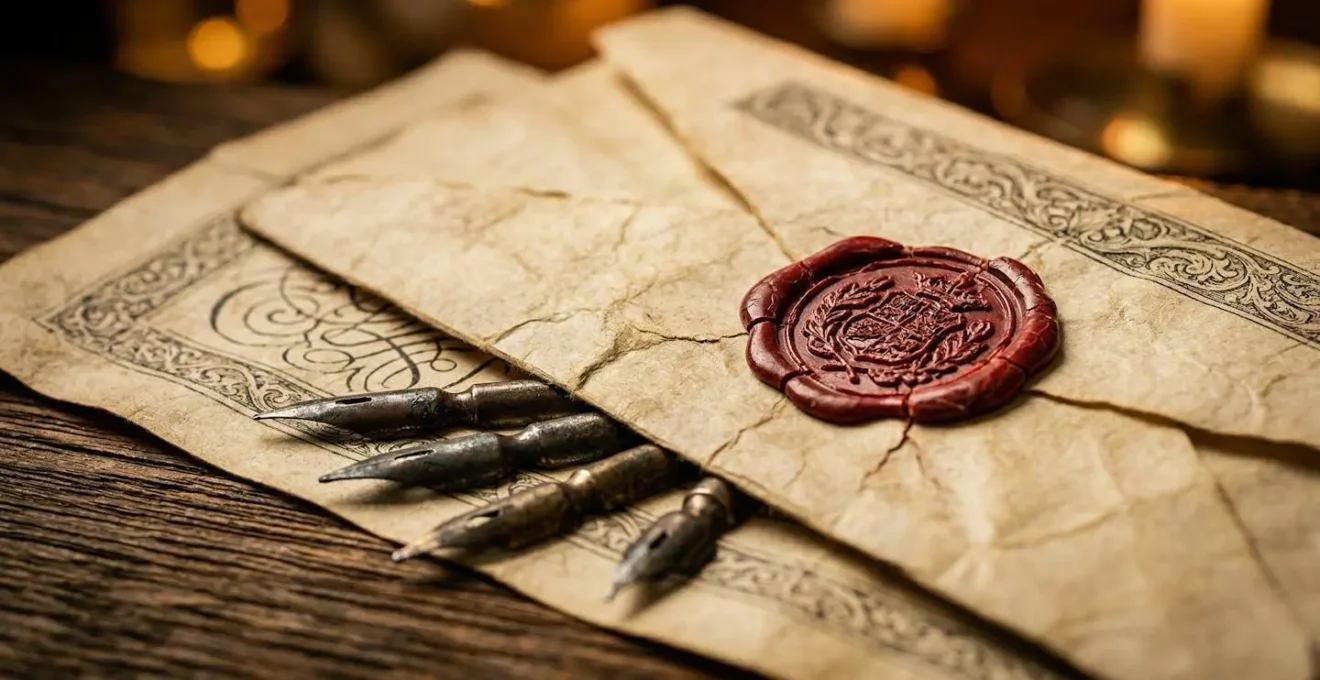 Documents d'archives historiques et lettres anciennes étalés sur une table de recherche