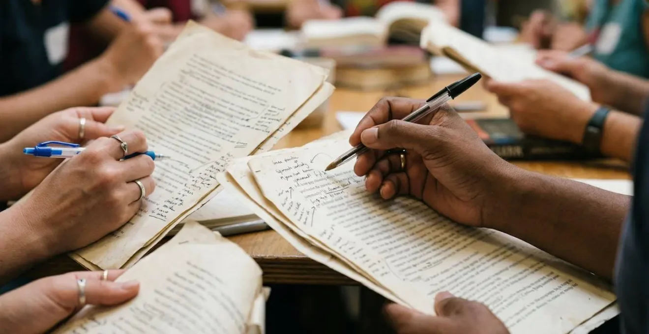 Gros plan sur des mains tenant des manuscrits avec annotations bienveillantes dans un atelier d'écriture