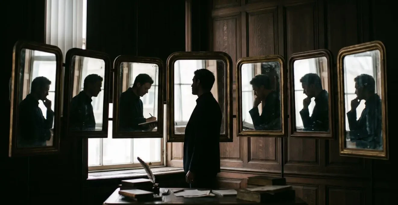 Reflet multiple d'un auteur créant sa persona littéraire dans un miroir fragmenté