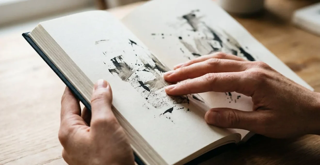 Page de livre avec espaces blancs créant un rythme visuel, papier texturé avec ombres douces