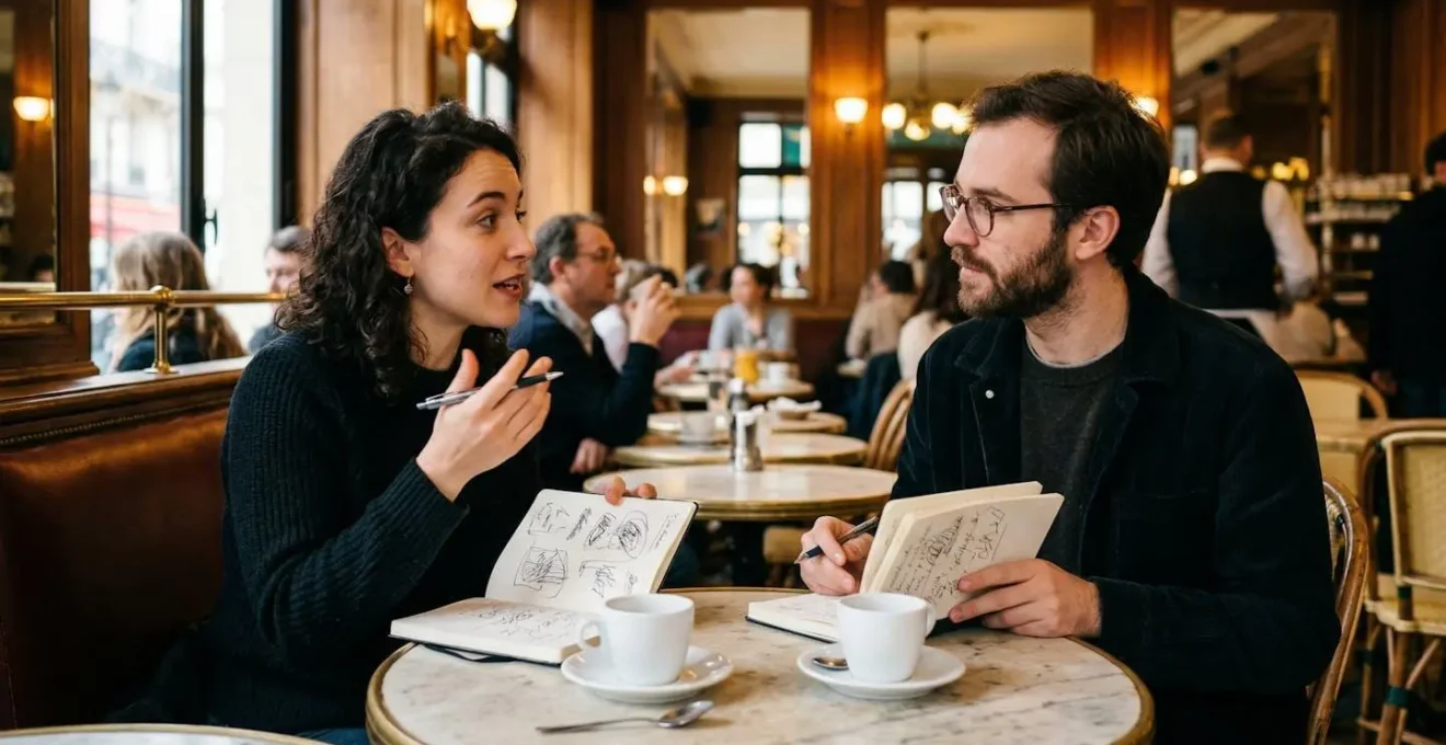 Café littéraire parisien avec écrivains en discussion autour d'une table
