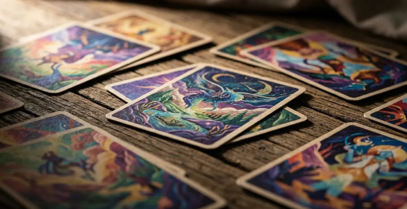 Gros plan sur des cartes de jeu narratif aux illustrations oniriques disposées sur une table en bois