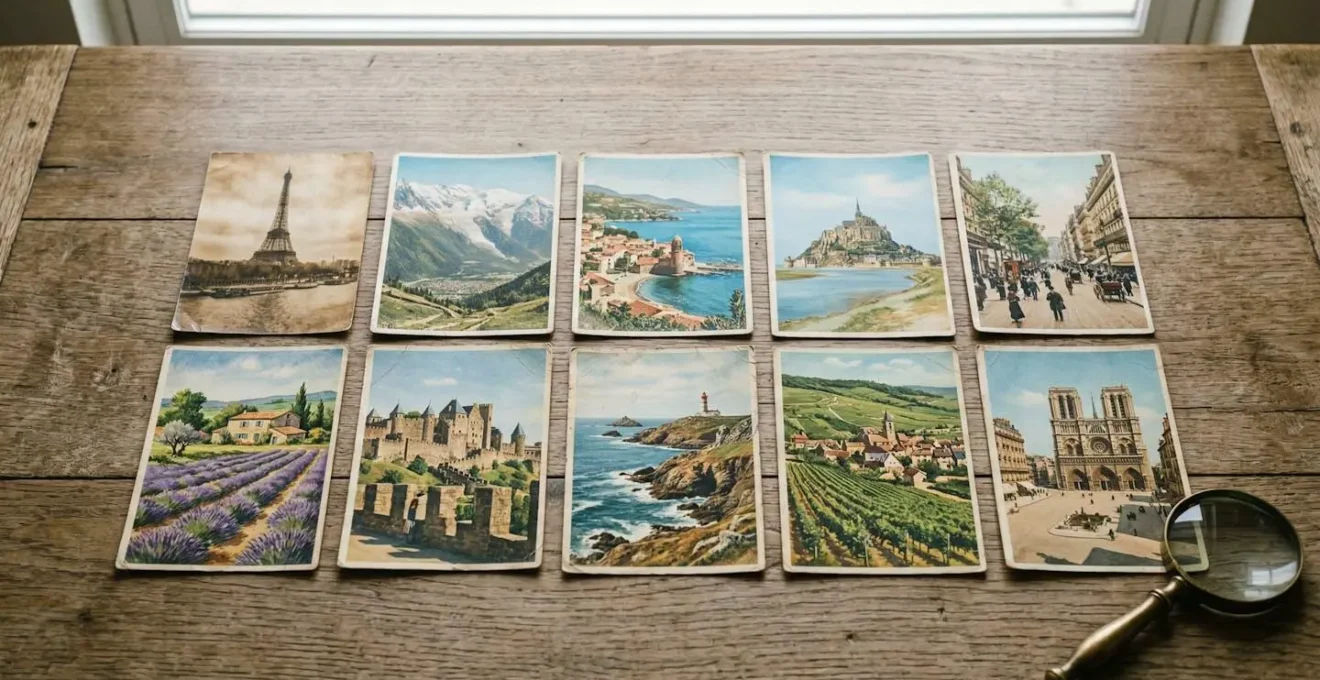 Collection de cartes postales vintage françaises étalées sur une table en bois