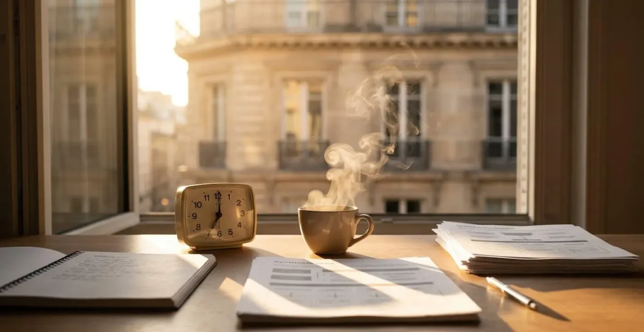 Bureau baigné de lumière matinale avec horloge et documents de synthèse organisés