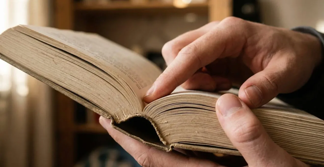 Mains manipulant un livre épais montrant la progression de lecture avec repères spatiaux visibles