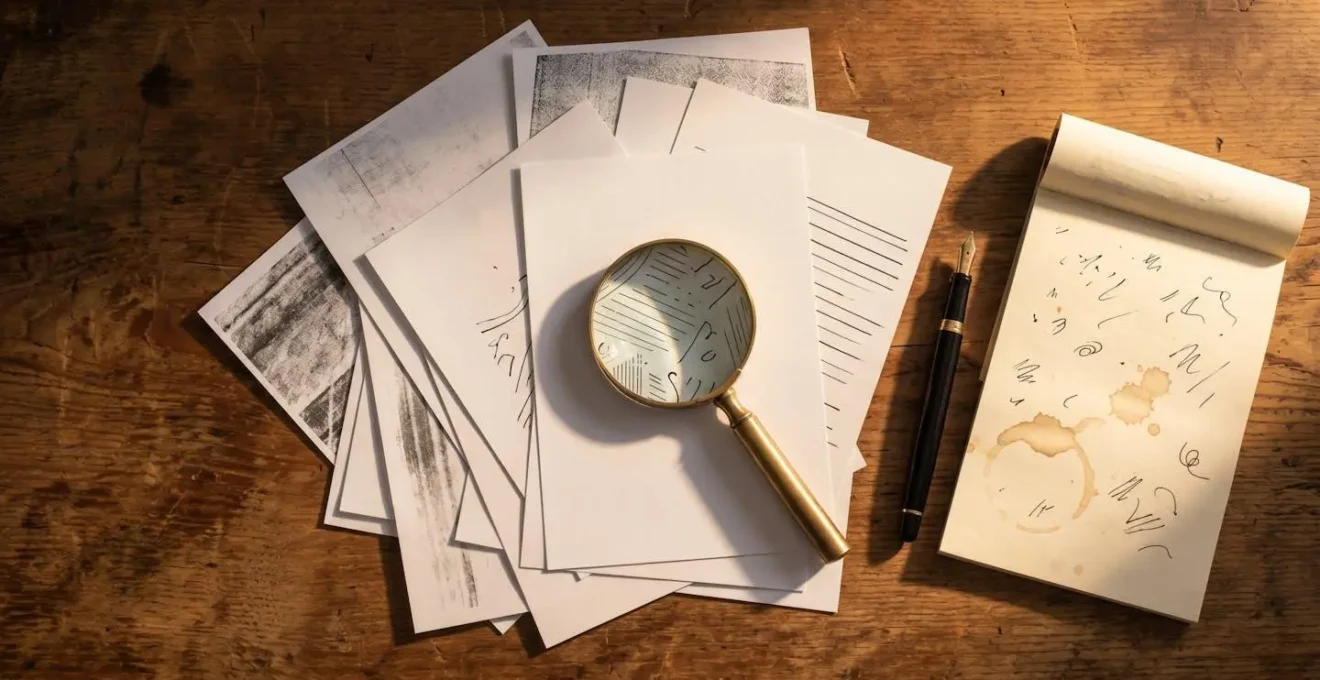 Bureau d'auteur analysant des documents contractuels avec loupe et notes manuscrites