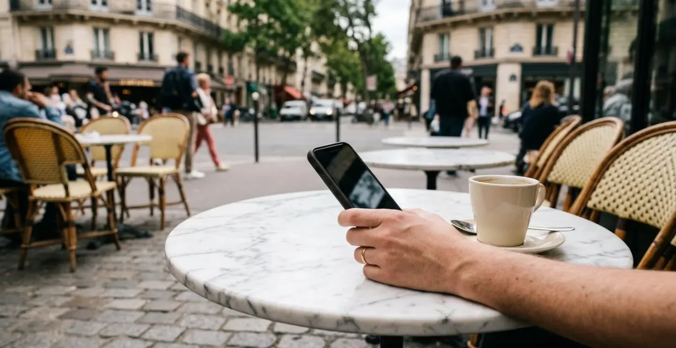 Main tenant un smartphone dans un café parisien, écrivant un poème Instagram