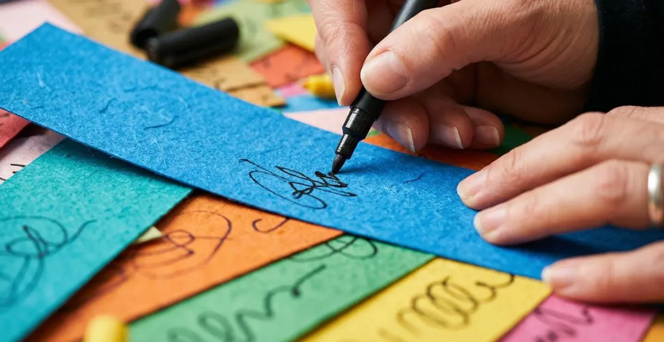 Mains écrivant sur des papiers avec stylos colorés pour un défi d'écriture