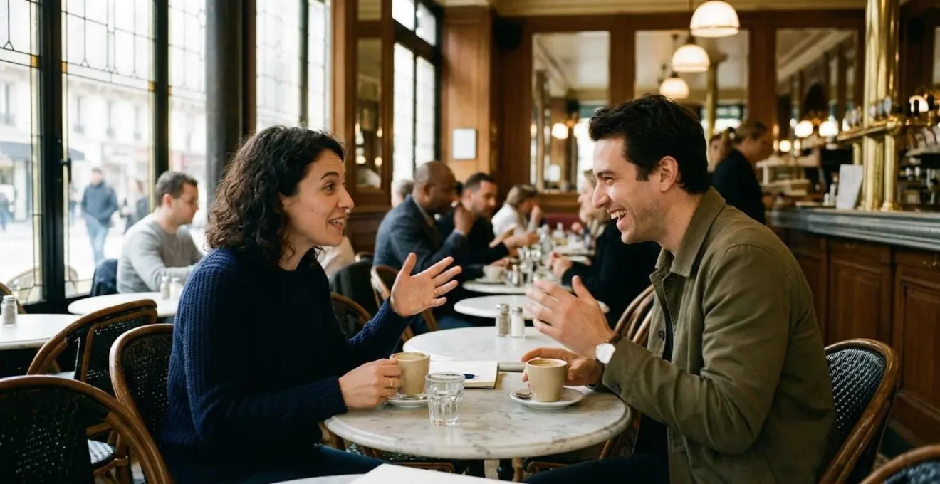 Deux personnes en conversation animée dans un café parisien traditionnel