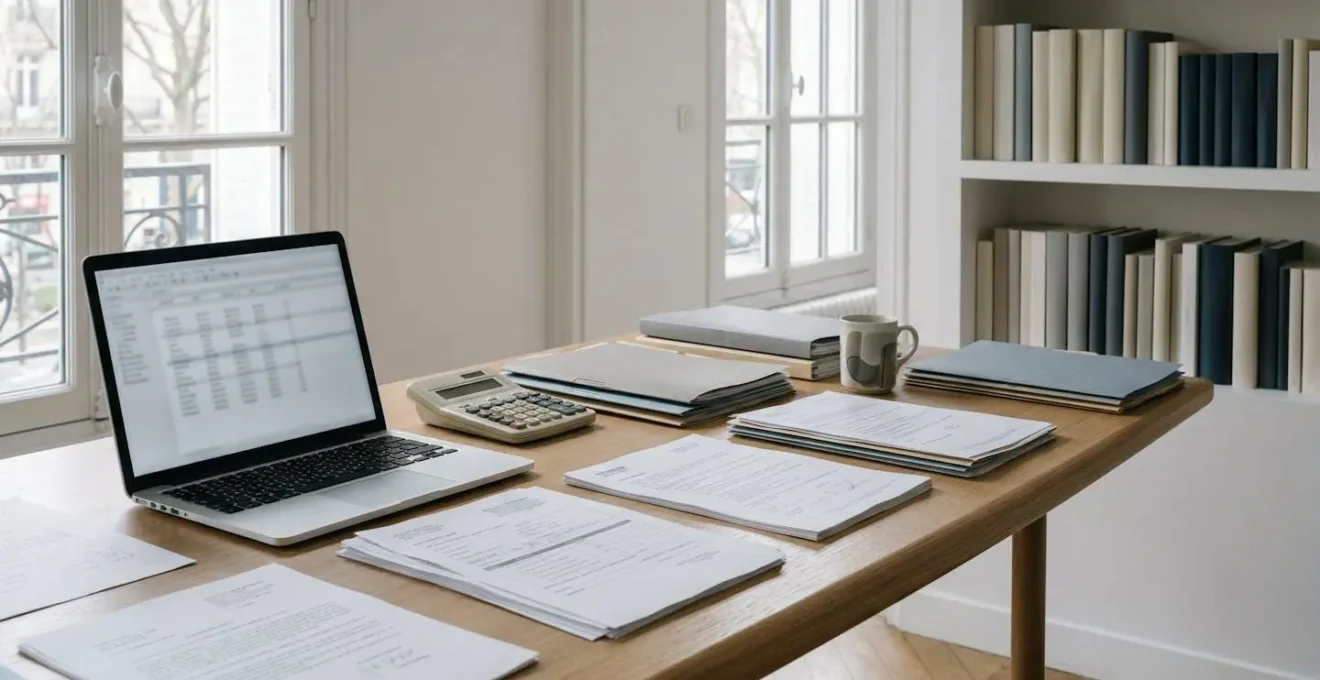 Bureau d'auteur avec documents administratifs et calculatrice pour la gestion fiscale