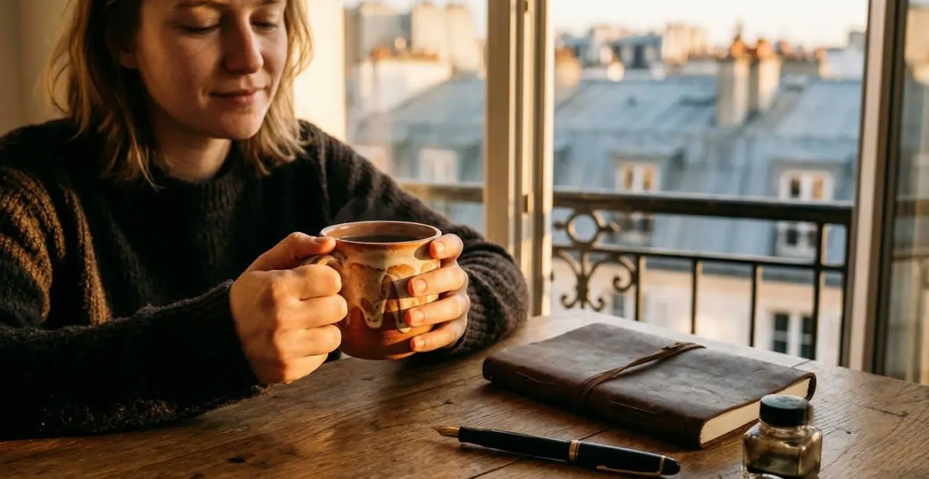 Espace de travail d'écrivain avec lumière de l'aube, bureau minimaliste et vue sur les toits parisiens