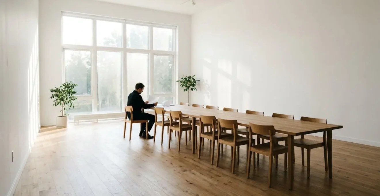 Vue large d'une salle d'atelier avec une personne seule préparant ses notes avant la séance