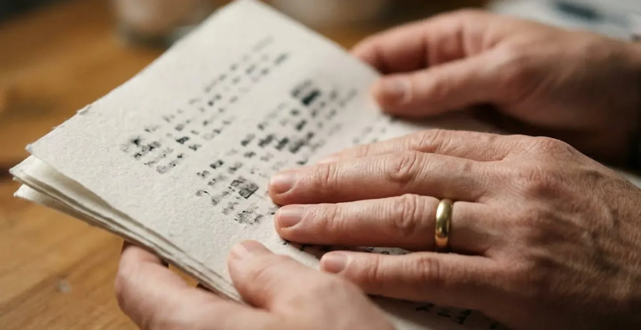 Gros plan sur les mains d'un écrivain tenant un manuscrit avec sérénité avant une lecture en groupe