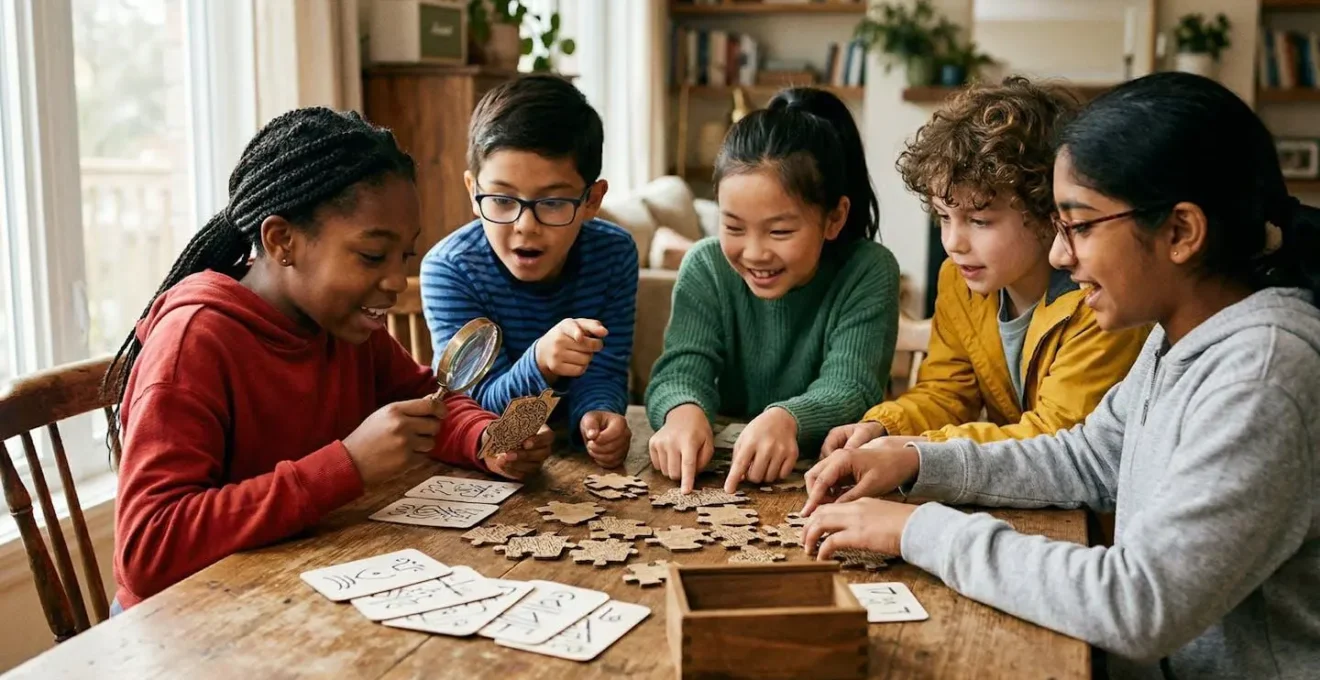 Groupe d'enfants collaborant autour d'indices mystérieux avec expressions concentrées