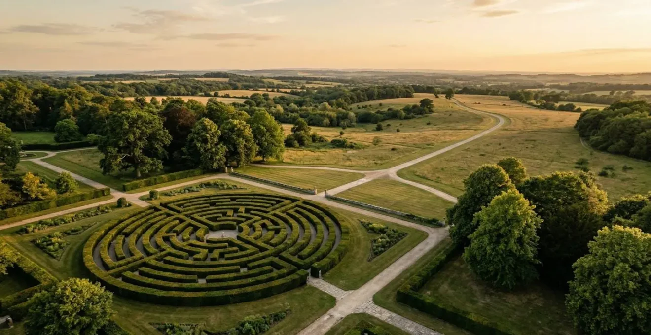 Vue aérienne d'un labyrinthe de jardin avec des chemins qui dépassent les limites apparentes