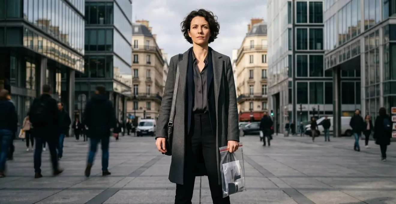 Une enquêtrice moderne dans un environnement urbain français contemporain, loin des clichés du genre